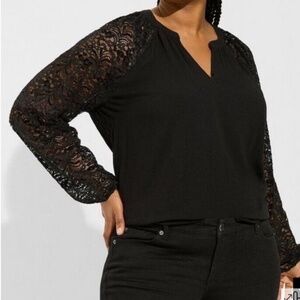 Torrid Washable Crinkle Gauze Lace Bishop Sleeve Blouse